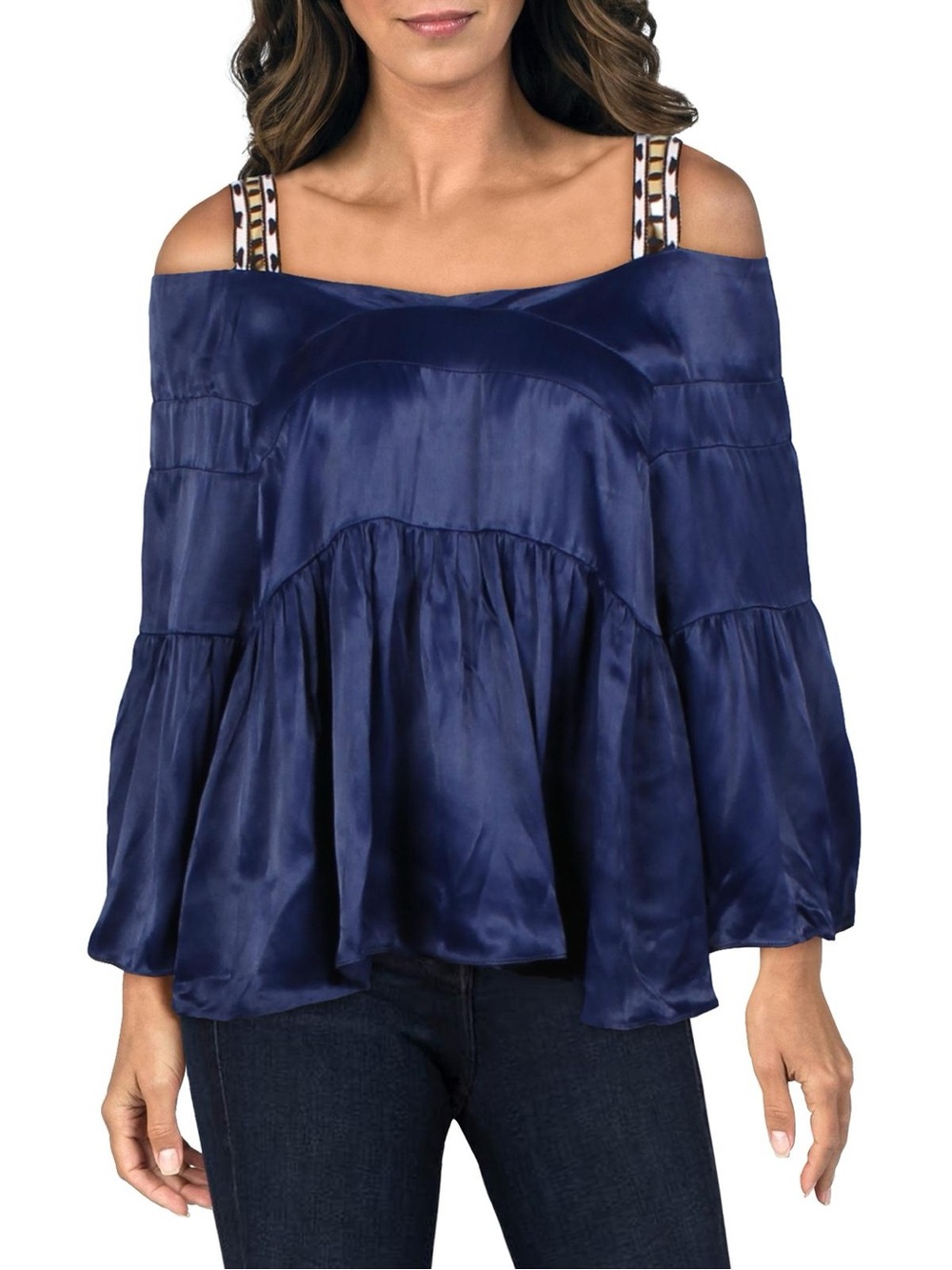 Boatneck Satin Cold-Shoulder Top in Navy